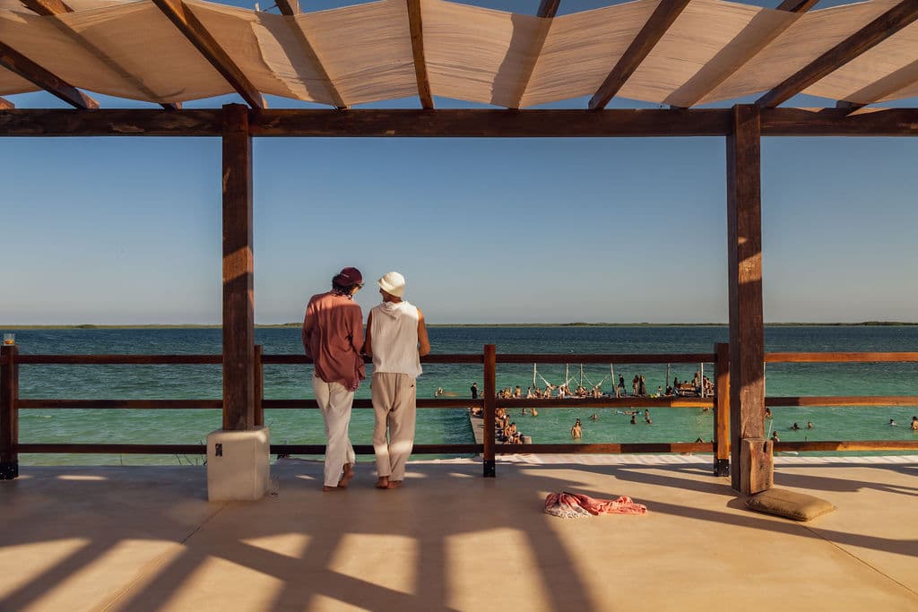 Friends and travelers connecting on the dock